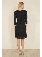 Yumi Black Velour Spot 3/4 Sleeve Wrap Skater Dress - Image 4 of 5
