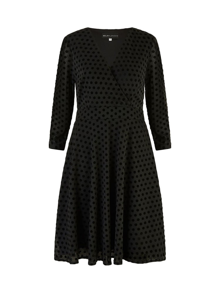 Yumi Black Velour Spot 3/4 Sleeve Wrap Skater Dress - Image 5 of 5