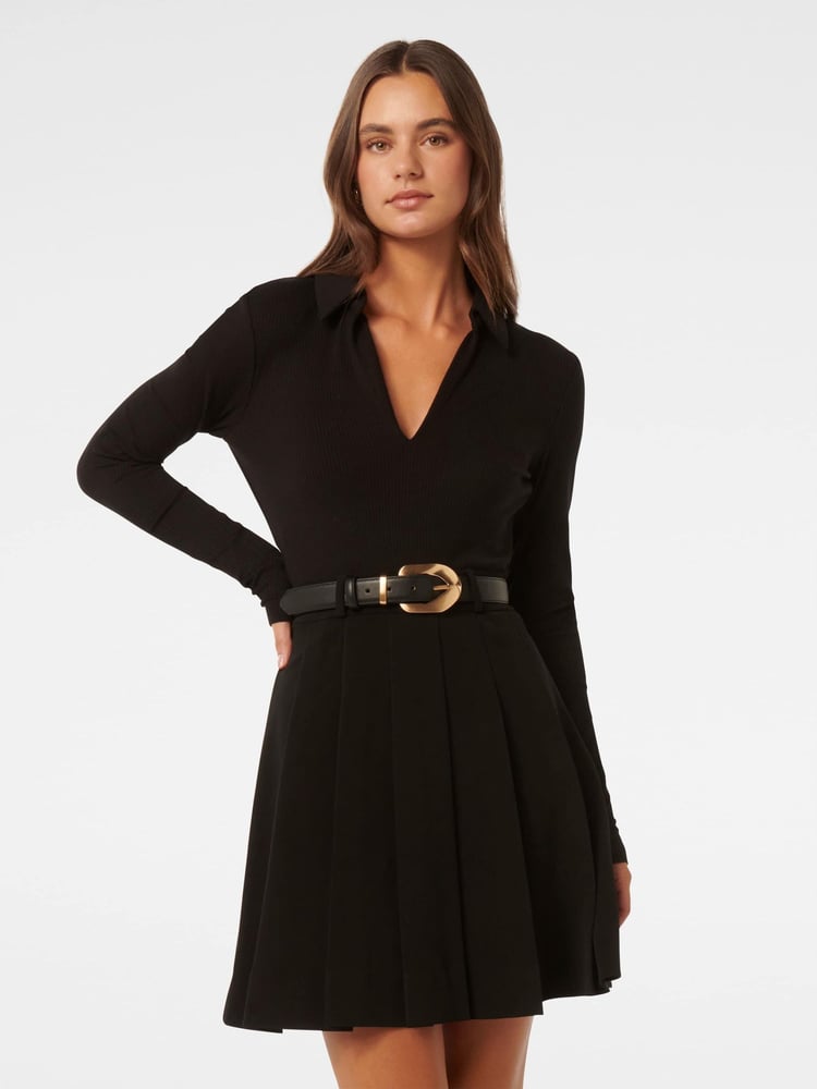 Forever New Black Eliana Pleated Skirt Mini Dress - Image 1 of 5
