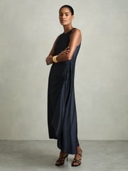Reiss Navy Anessa Petite Satin Shirred Midi Dress - Image 1 of 8