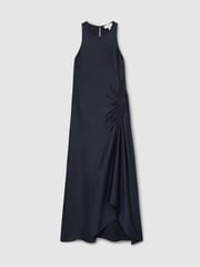Reiss Navy Anessa Petite Satin Shirred Midi Dress - Image 2 of 8