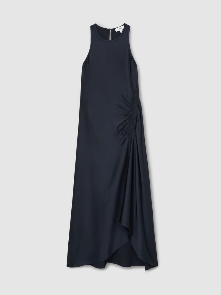 Reiss Navy Anessa Petite Satin Shirred Midi Dress - Image 2 of 8