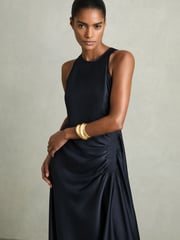 Reiss Navy Anessa Petite Satin Shirred Midi Dress - Image 3 of 8