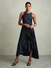 Reiss Navy Anessa Petite Satin Shirred Midi Dress - Image 6 of 8