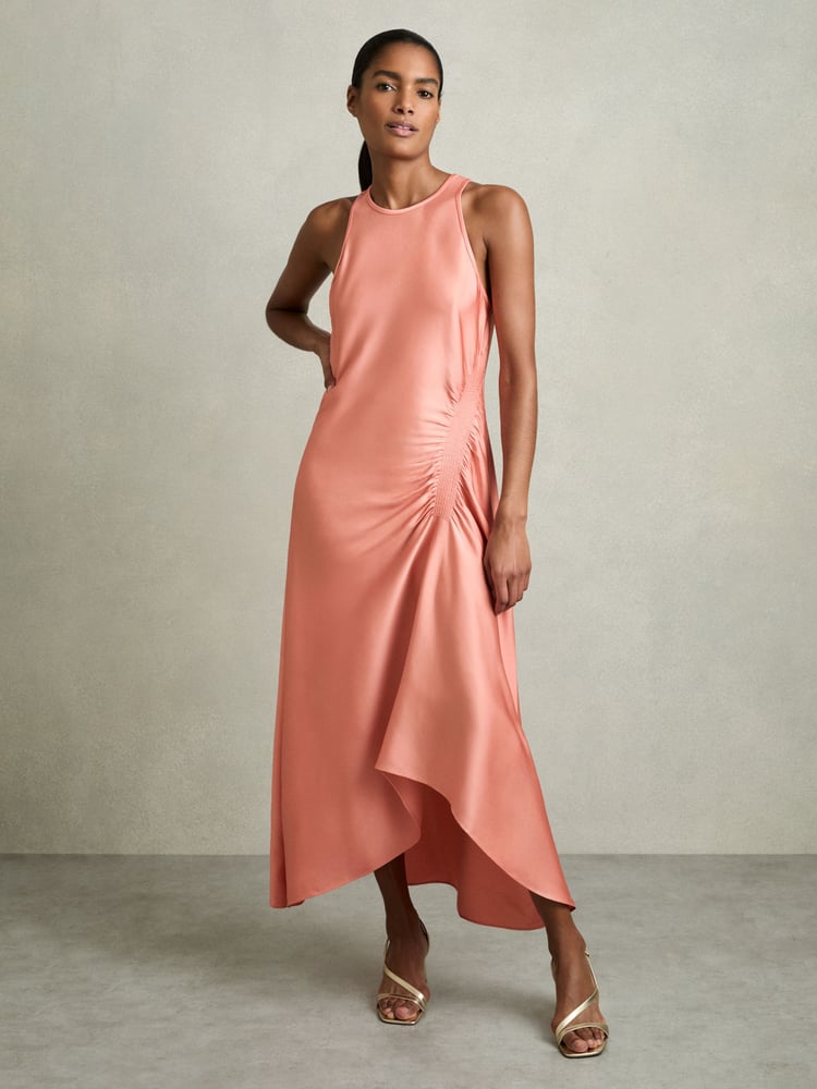 Reiss Coral Anessa Petite Satin Shirred Midi Dress - Image 1 of 6