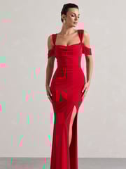 Club L London Red Amoura Square Neck Draped Wrap Maxi Dress - Image 1 of 5