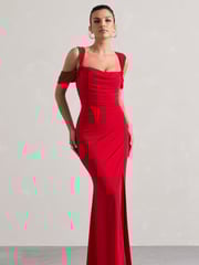 Club L London Red Amoura Square Neck Draped Wrap Maxi Dress - Image 2 of 5