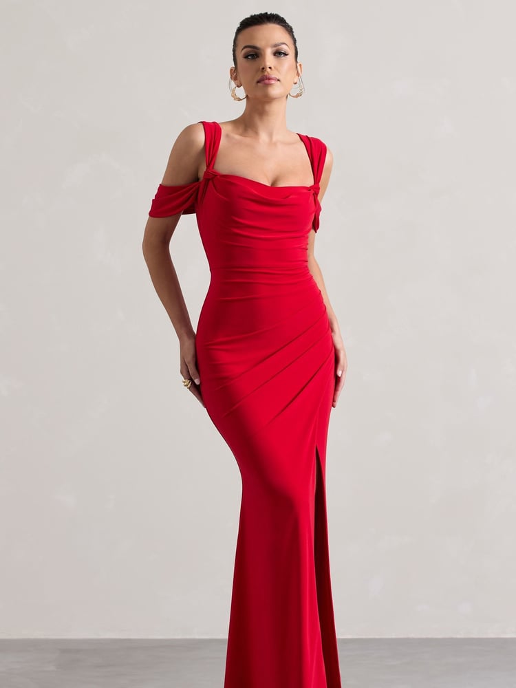 Club L London Red Amoura Square Neck Draped Wrap Maxi Dress - Image 2 of 5