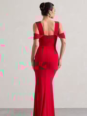 Club L London Red Amoura Square Neck Draped Wrap Maxi Dress - Image 5 of 5
