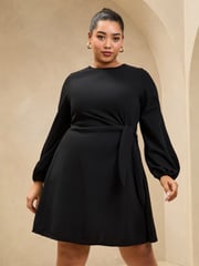 Lipsy Black Curve Long Sleeve Tie Side Mini Dress - Image 1 of 4