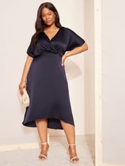 Curves Like These Blue Curve Satin Short Sleeve Wrap Midi Dress - Image 1 of 4