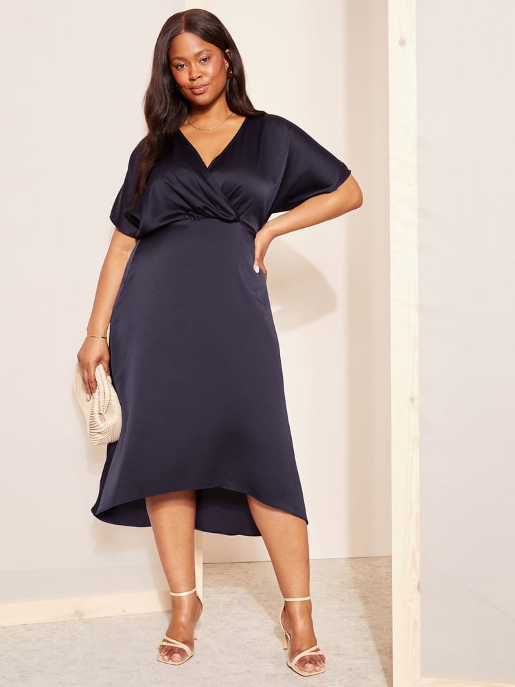 Curves Like These Blue Curve Satin Short Sleeve Wrap Midi Dress - Image 1 of 4
