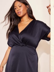 Curves Like These Blue Curve Satin Short Sleeve Wrap Midi Dress - Image 2 of 4