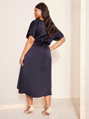 Curves Like These Blue Curve Satin Short Sleeve Wrap Midi Dress - Image 4 of 4