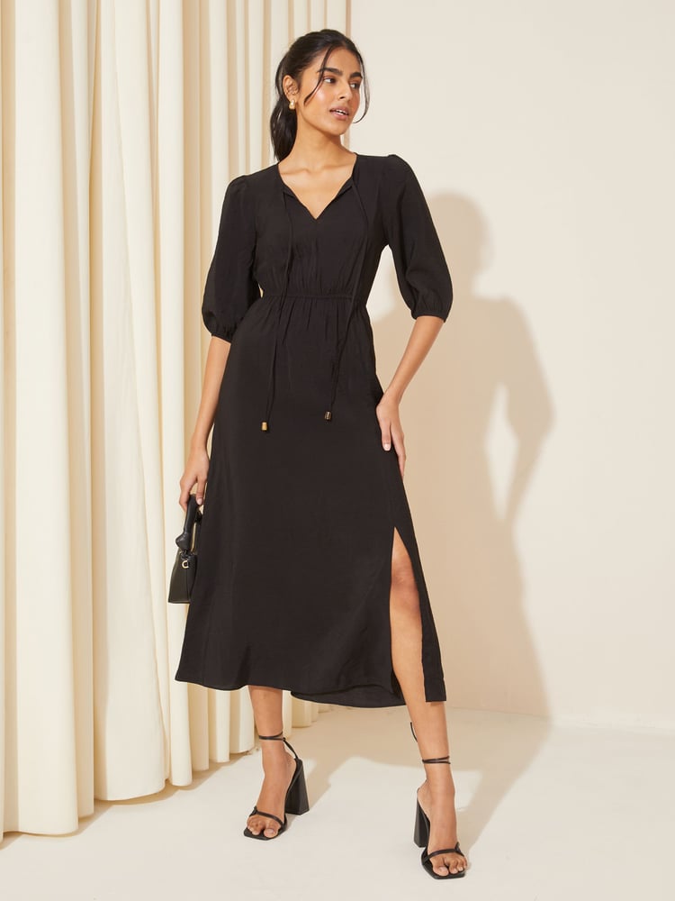 Friends Like These Black V-Neck Puff Sleeve Shirred Waist Dress - Image 1 of 4