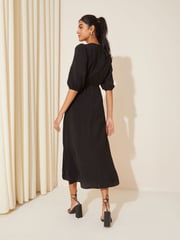 Friends Like These Black V-Neck Puff Sleeve Shirred Waist Dress - Image 2 of 4