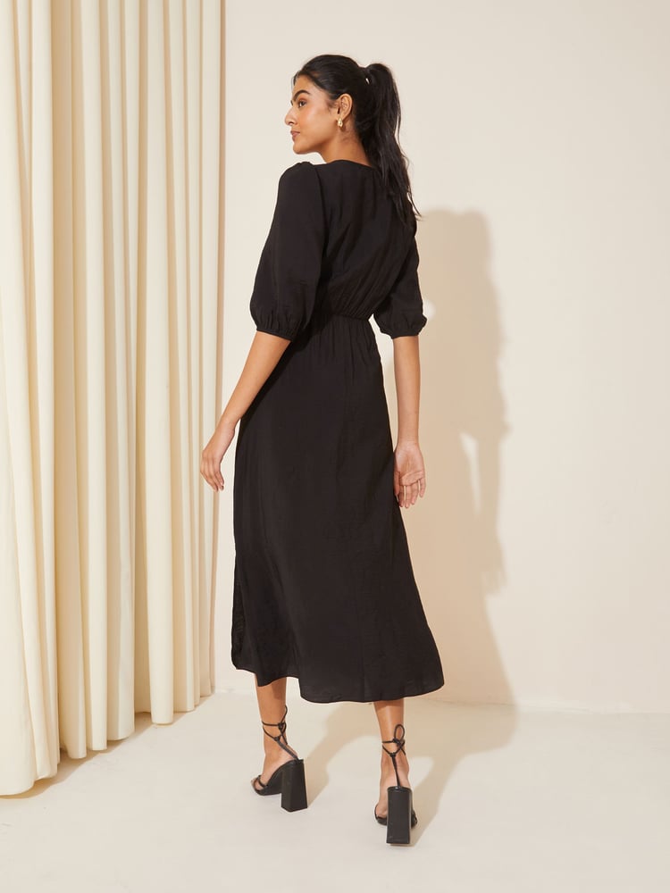 Friends Like These Black V-Neck Puff Sleeve Shirred Waist Dress - Image 2 of 4