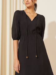 Friends Like These Black V-Neck Puff Sleeve Shirred Waist Dress - Image 3 of 4