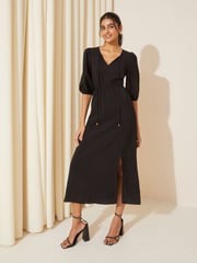 Friends Like These Black V-Neck Puff Sleeve Shirred Waist Dress - Image 4 of 4