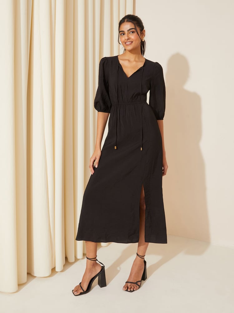 Friends Like These Black V-Neck Puff Sleeve Shirred Waist Dress - Image 4 of 4
