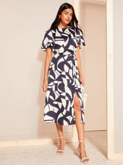 Friends Like These Blue Flutter Sleeve Printed Satin Midi Dress - Image 1 of 4
