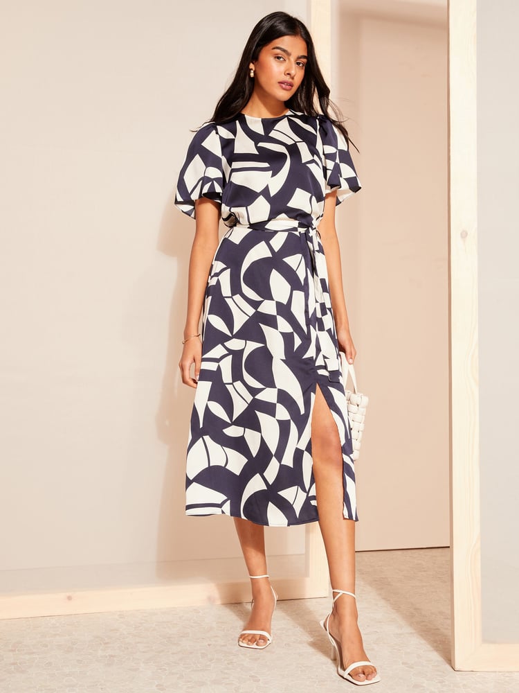 Friends Like These Blue Flutter Sleeve Printed Satin Midi Dress - Image 1 of 4