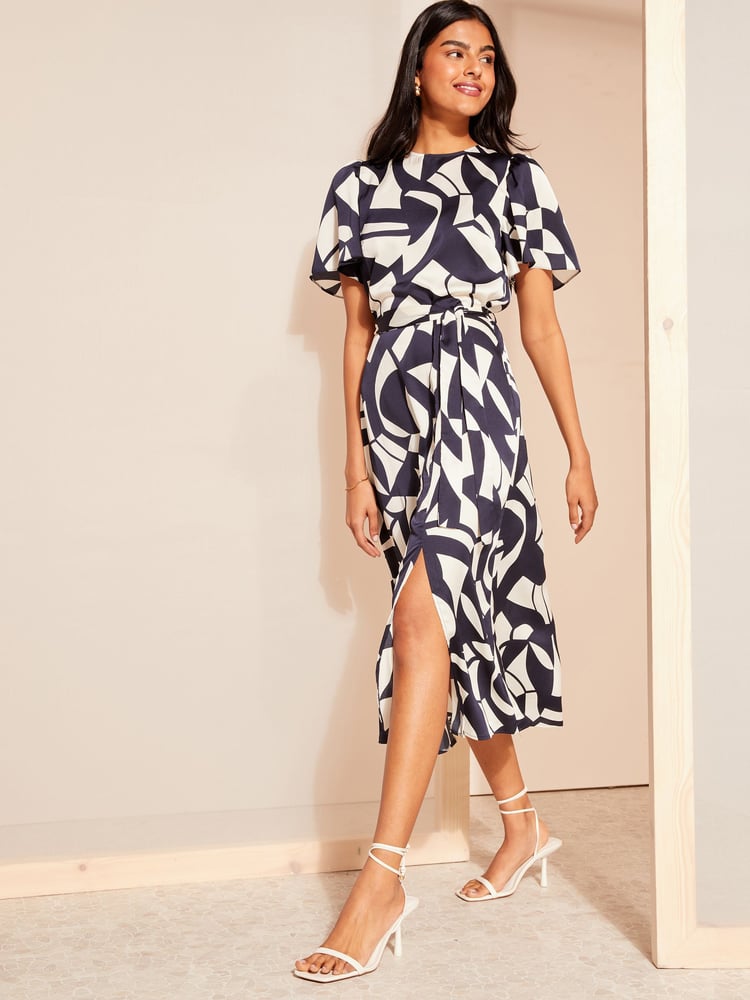 Friends Like These Blue Flutter Sleeve Printed Satin Midi Dress - Image 2 of 4