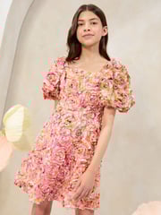 Lipsy Pink Premium Textured 3D Floral Short Sleeve Skater Mini Dress (5-16yrs) - Image 1 of 5