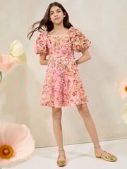 Lipsy Pink Premium Textured 3D Floral Short Sleeve Skater Mini Dress (5-16yrs) - Image 3 of 5