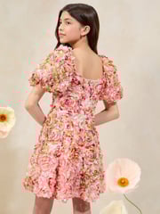 Lipsy Pink Premium Textured 3D Floral Short Sleeve Skater Mini Dress (5-16yrs) - Image 4 of 5