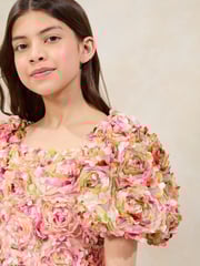 Lipsy Pink Premium Textured 3D Floral Short Sleeve Skater Mini Dress (5-16yrs) - Image 5 of 5