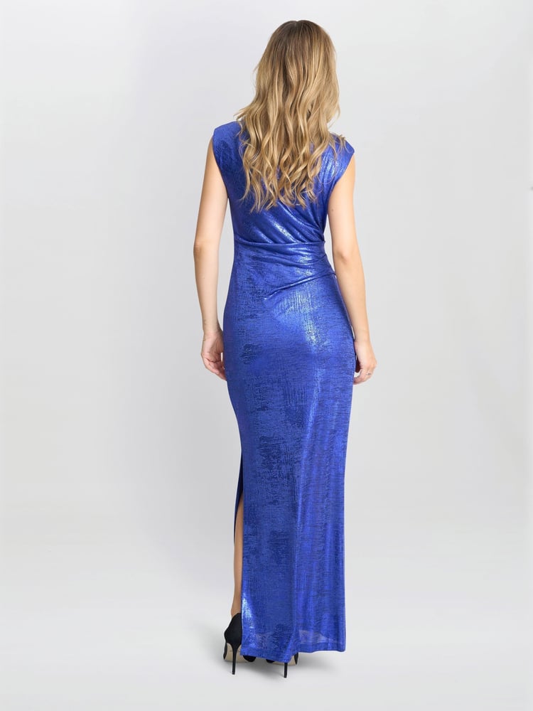 Gina Bacconi Blue Justina Foil Print Cowl Neck Maxi Dress - Image 2 of 6