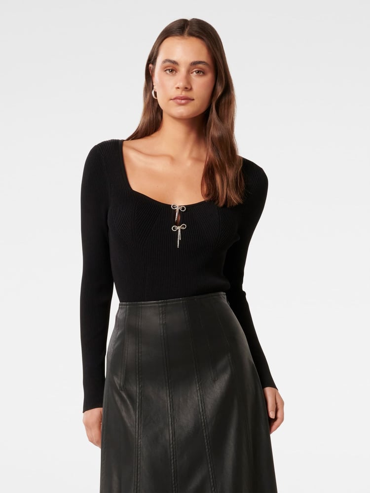 Forever New Black Bella Embellished Bow Knit Top - Image 1 of 5