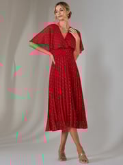 Jolie Moi Red Metallic Spot Chiffon Pleated Dress - Image 1 of 6