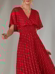 Jolie Moi Red Metallic Spot Chiffon Pleated Dress - Image 3 of 6