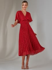 Jolie Moi Red Metallic Spot Chiffon Pleated Dress - Image 5 of 6