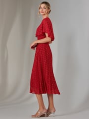 Jolie Moi Red Metallic Spot Chiffon Pleated Dress - Image 6 of 6