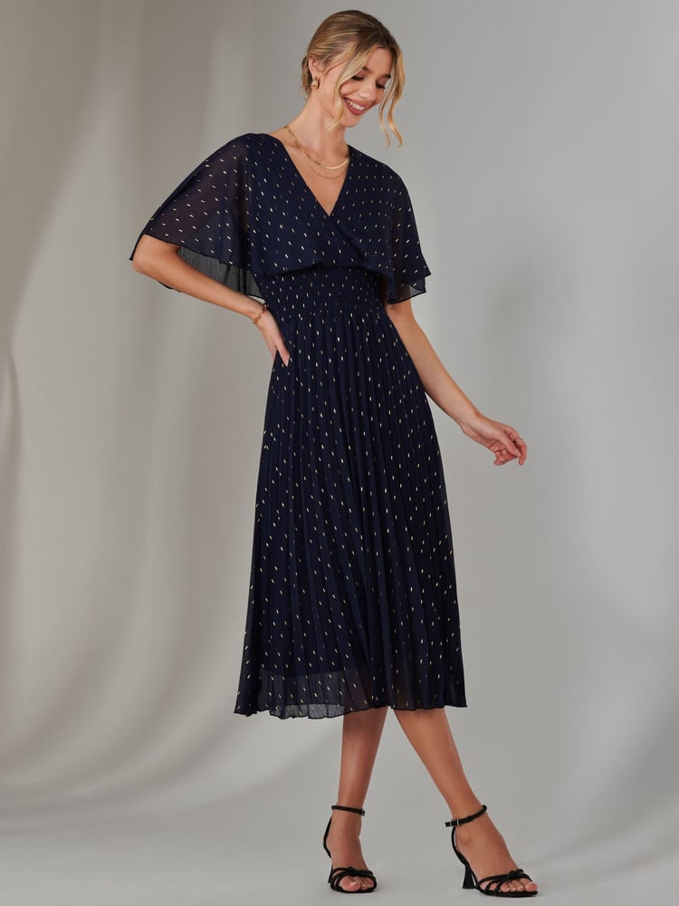 Jolie Moi Blue Metallic Spot Chiffon Pleated Dress - Image 1 of 6