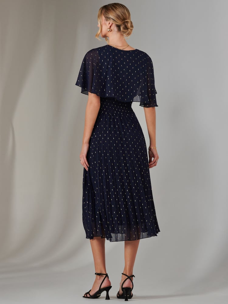 Jolie Moi Blue Metallic Spot Chiffon Pleated Dress - Image 2 of 6