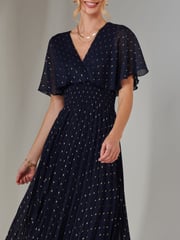 Jolie Moi Blue Metallic Spot Chiffon Pleated Dress - Image 3 of 6