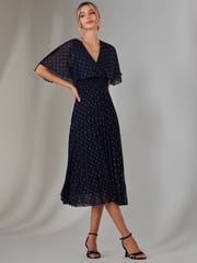 Jolie Moi Blue Metallic Spot Chiffon Pleated Dress - Image 4 of 6