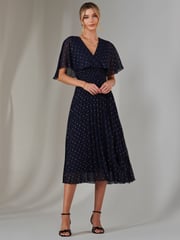 Jolie Moi Blue Metallic Spot Chiffon Pleated Dress - Image 5 of 6