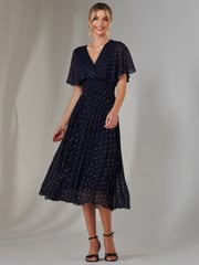 Jolie Moi Blue Metallic Spot Chiffon Pleated Dress - Image 6 of 6