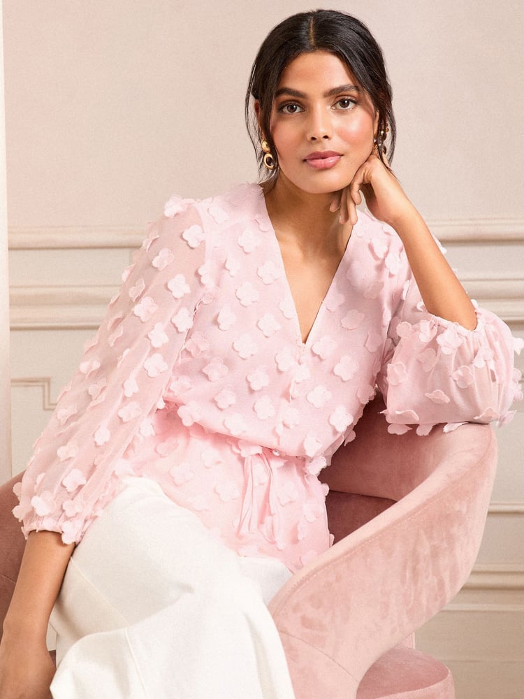 Love & Roses Blush Pink V-Neck Tie Detail 3/4 Sleeve Peplum Top - Image 1 of 4 Love & Roses Blush Pink V-Neck Tie Detail 3/4 Sleeve Peplum Top - Image 1 of 4