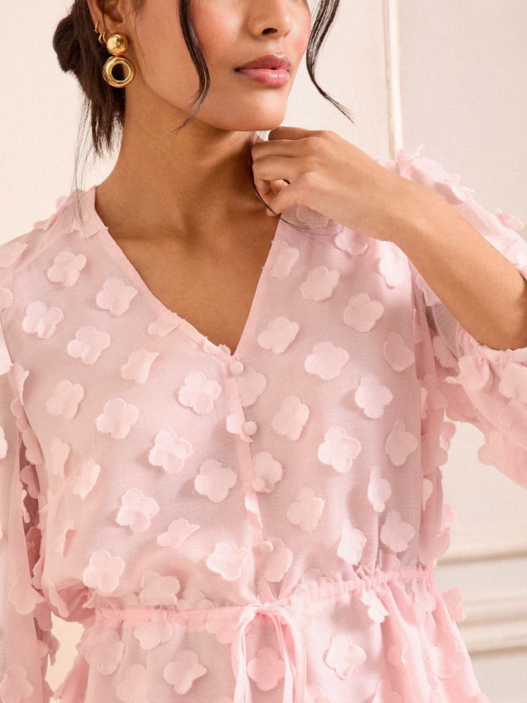 Love & Roses Blush Pink V-Neck Tie Detail 3/4 Sleeve Peplum Top - Image 2 of 4