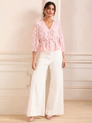 Love & Roses Blush Pink V-Neck Tie Detail 3/4 Sleeve Peplum Top - Image 3 of 4