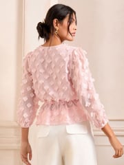 Love & Roses Blush Pink V-Neck Tie Detail 3/4 Sleeve Peplum Top - Image 4 of 4