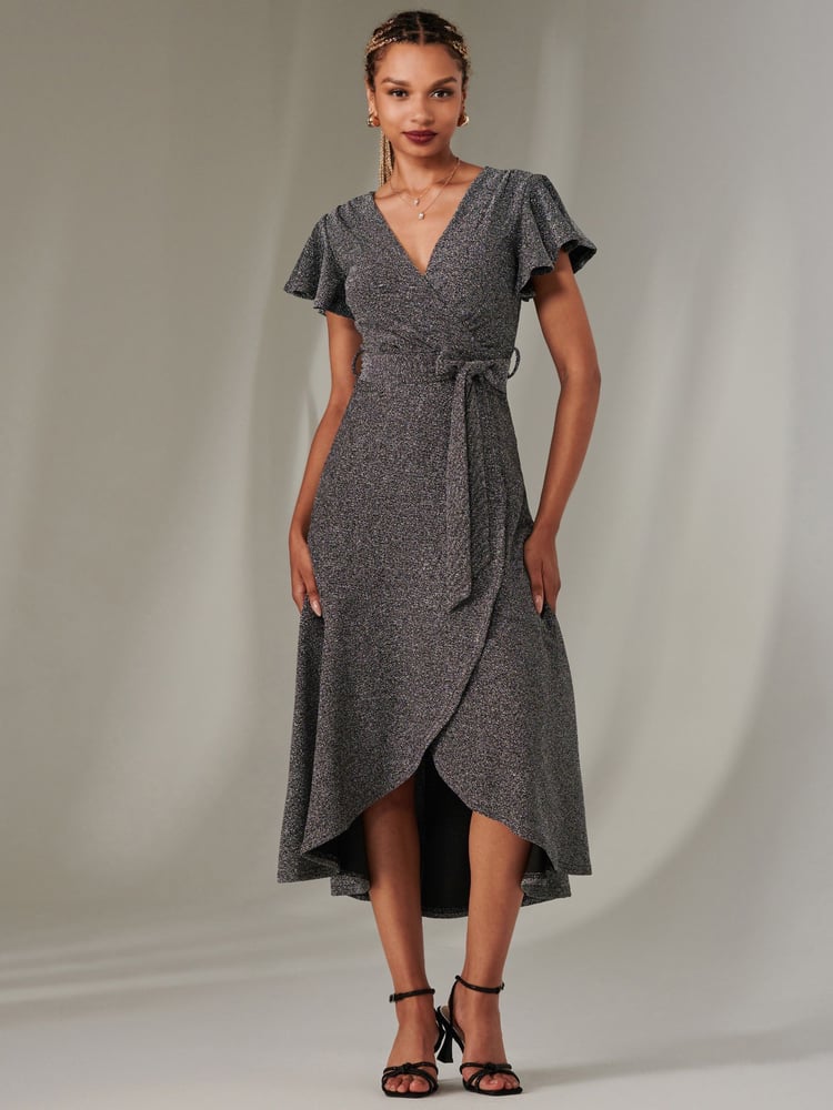 Jolie Moi Berry/Black Marlie Metallic Angel Sleeve Maxi Dress - Image 1 of 6