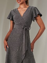 Jolie Moi Berry/Black Marlie Metallic Angel Sleeve Maxi Dress - Image 3 of 6