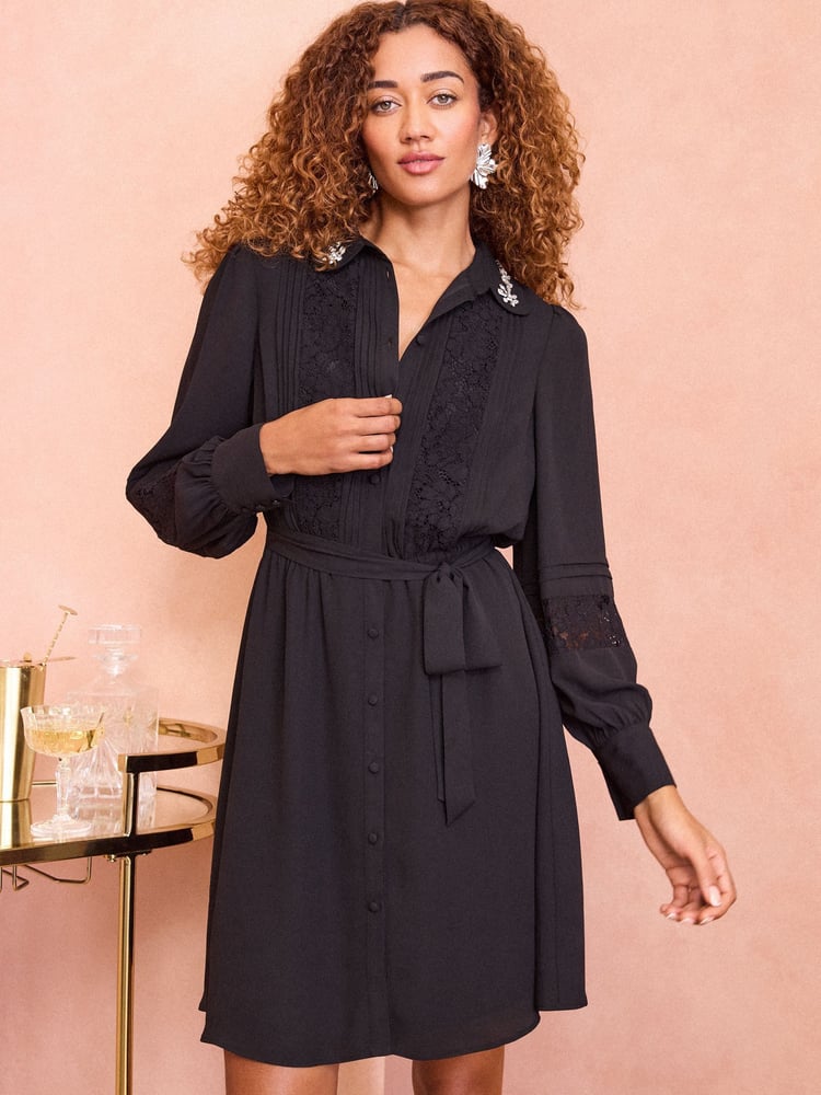 Love & Roses Black Collared Long Sleeve Mini Dress - Image 1 of 4 Love & Roses Black Collared Long Sleeve Mini Dress - Image 1 of 4